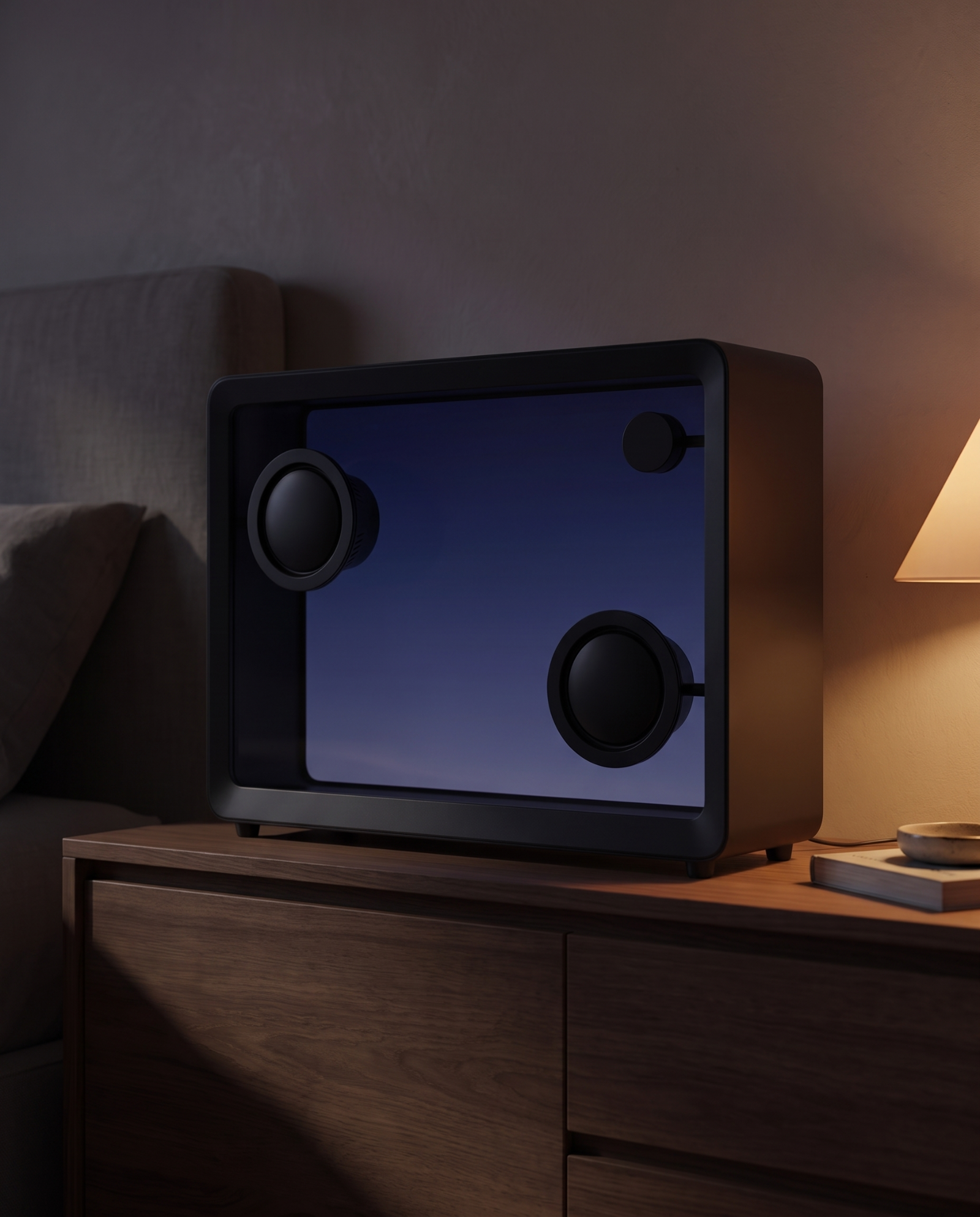 Transparent screen speaker glowing softly on a bedside table at night