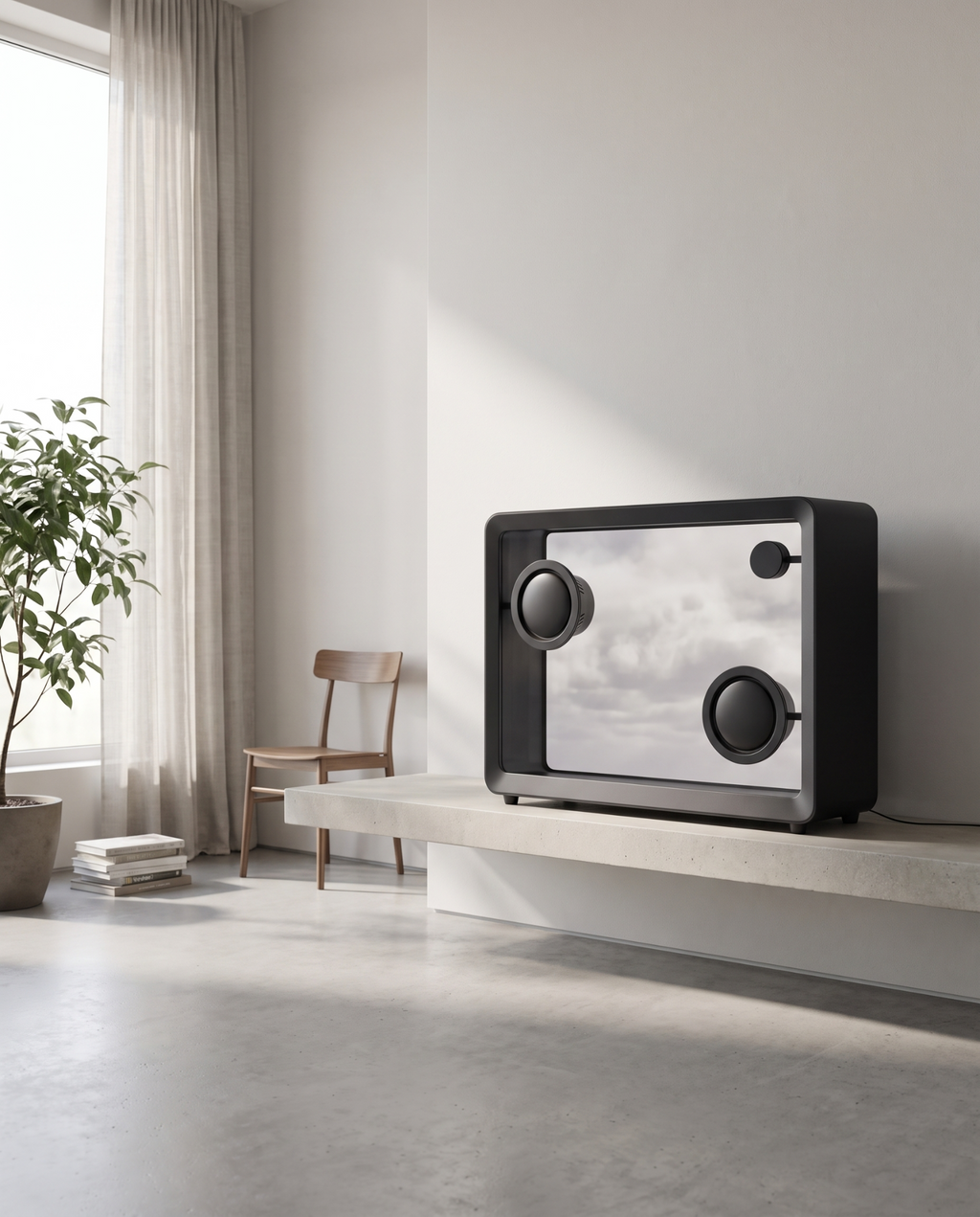 Transparent screen speaker on a concrete shelf in a bright minimal studio room