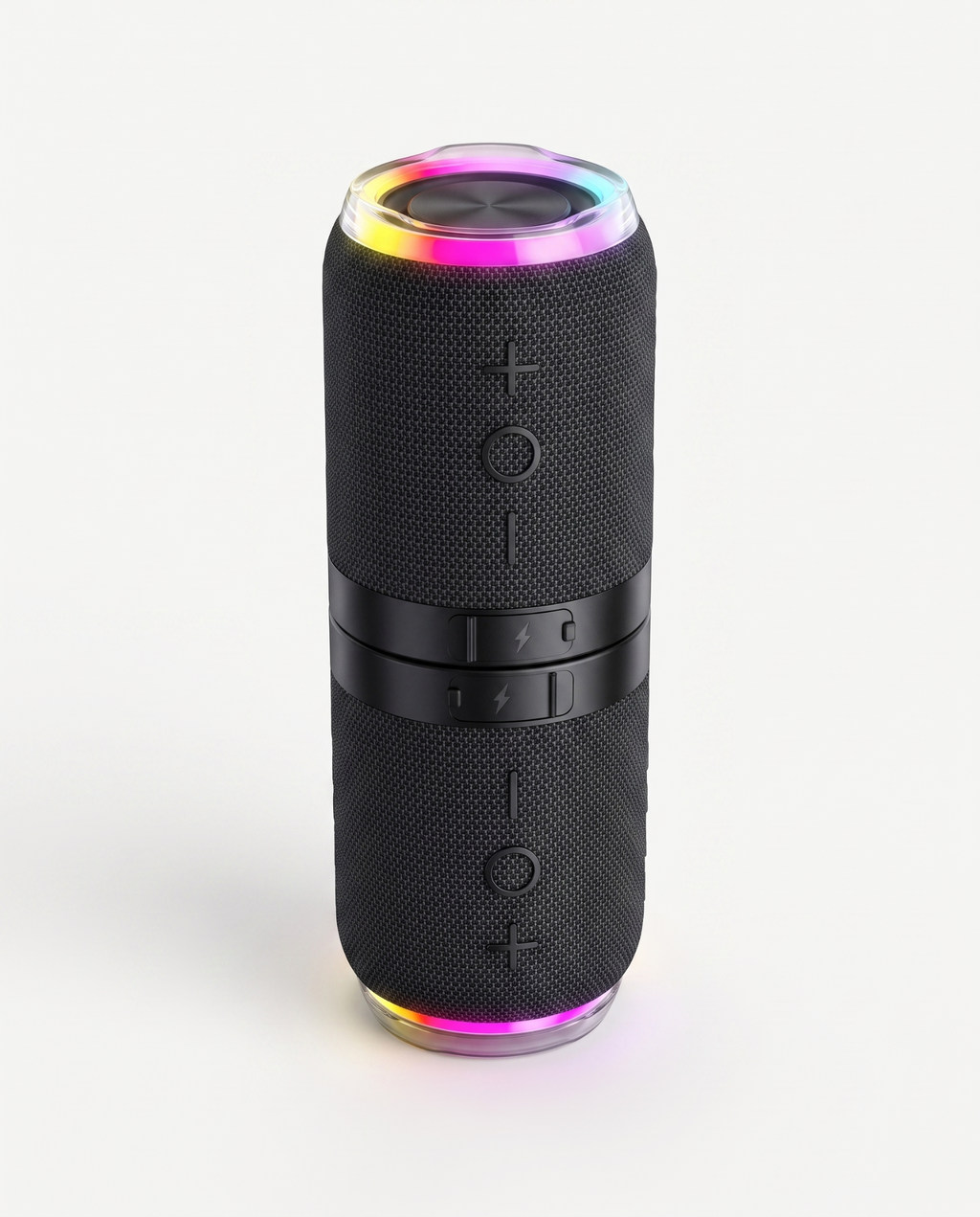 Two black magnetic speakers joined into one column with RGB rings glowing at both ends