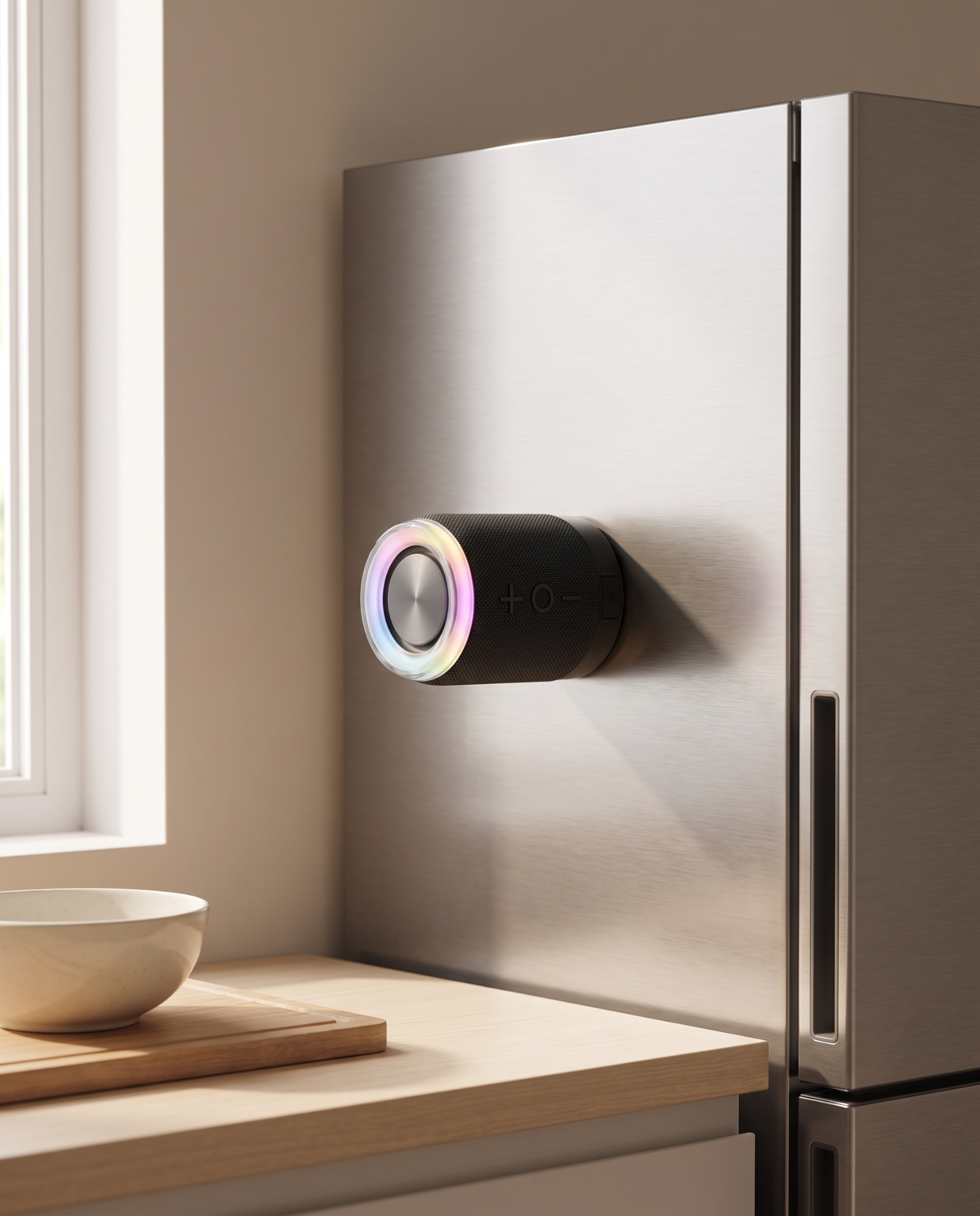 One half of the split speaker held magnetically to a stainless steel fridge door