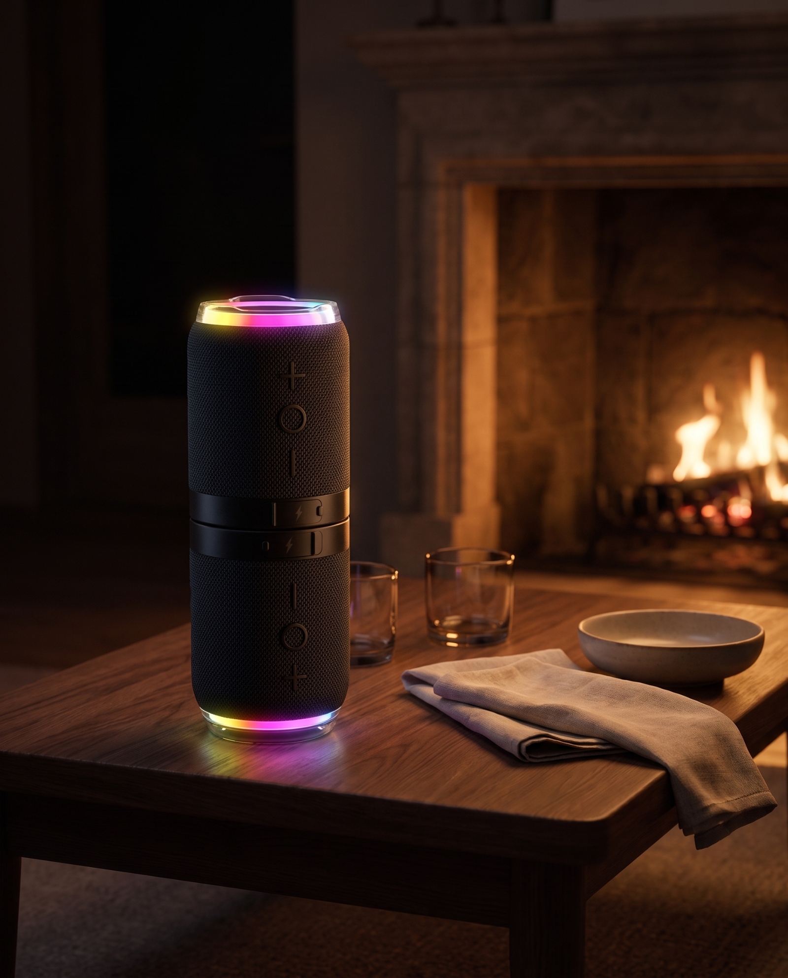 Joined split speaker on a tea table in front of a lit fireplace