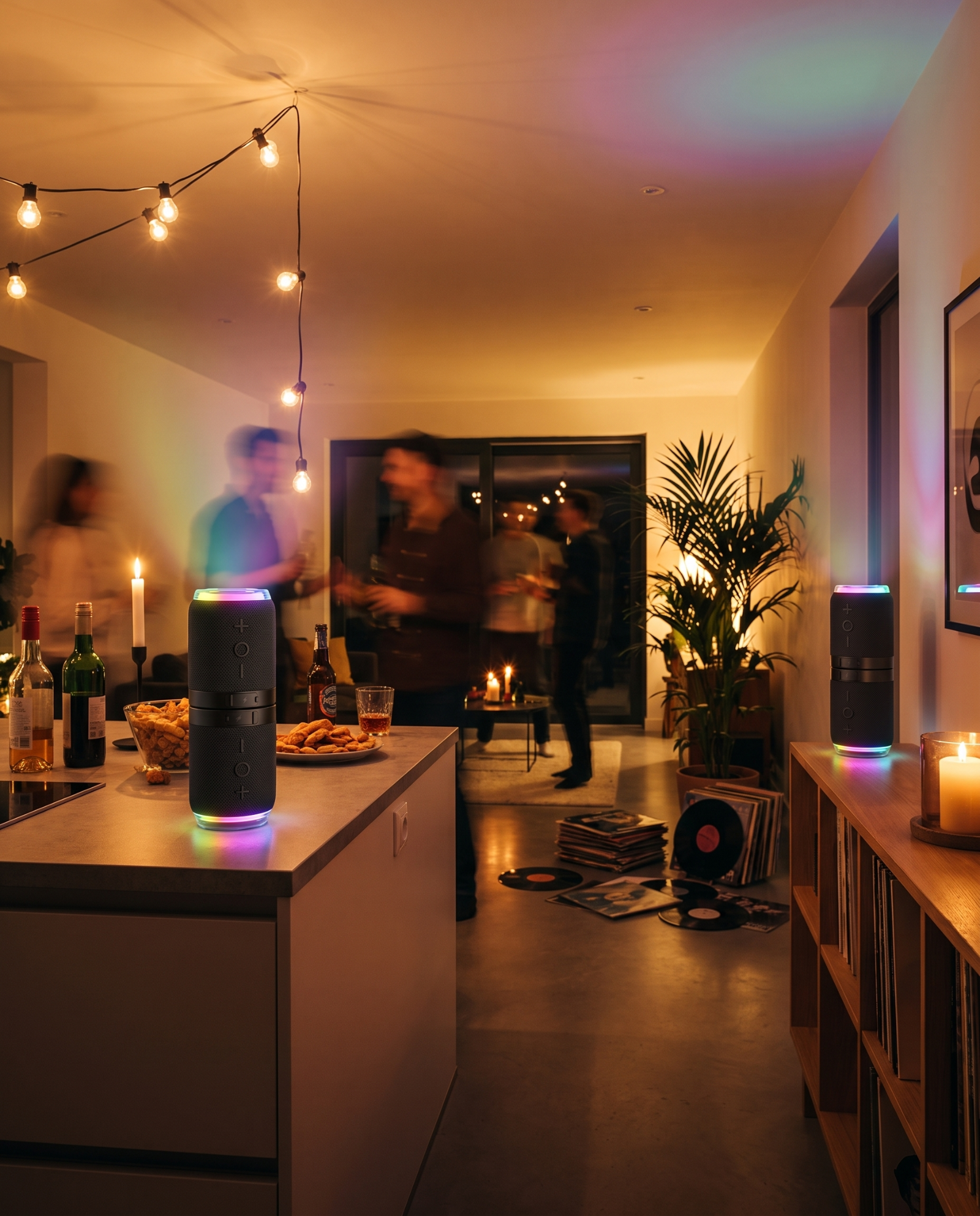 Two split speaker halves lighting a house party across a living room