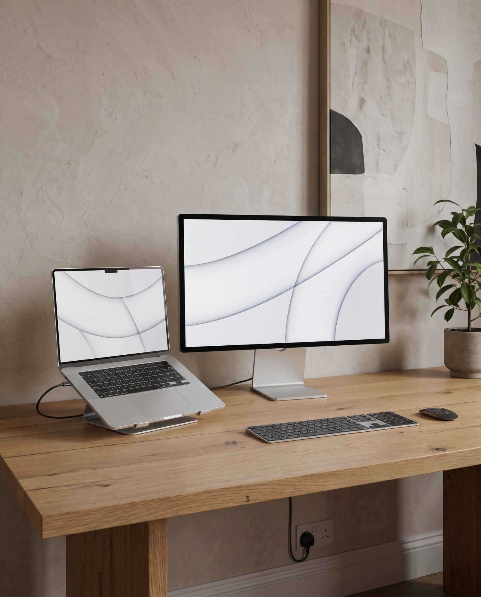 Kuycon G32P 6K monitor on a desk in a minimalist home studio