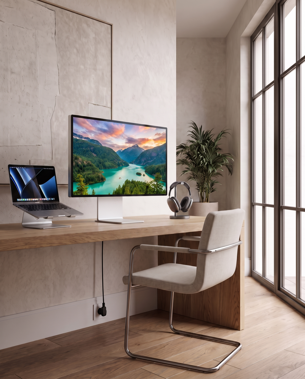 A modern home office setup featuring a sleek desktop monitor displaying a mountain lake landscape, paired with a laptop, headphones, and a white upholstered chair with a chrome frame, set against a warm beige textured wall and large window.