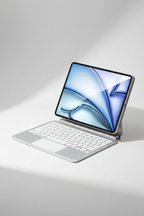Silver aluminium magnetic keyboard case with iPad Pro, matte finish, soft white studio background