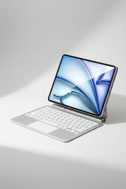 Silver aluminium magnetic keyboard case with iPad Pro, matte finish, soft white studio background
