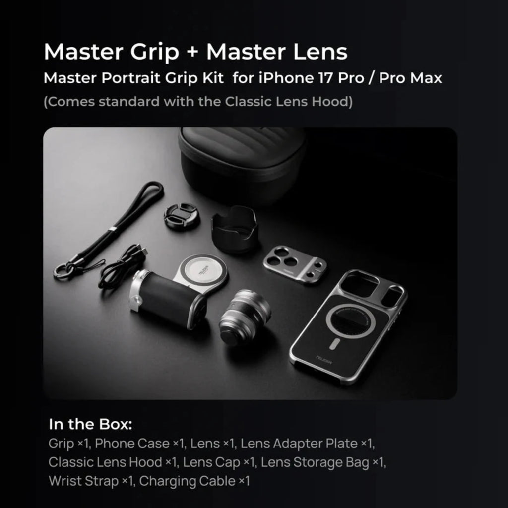 The full nine-piece grip kit laid out: case, lens, grip, strap, plate, cap, bag and cable