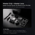 The full nine-piece grip kit laid out: case, lens, grip, strap, plate, cap, bag and cable