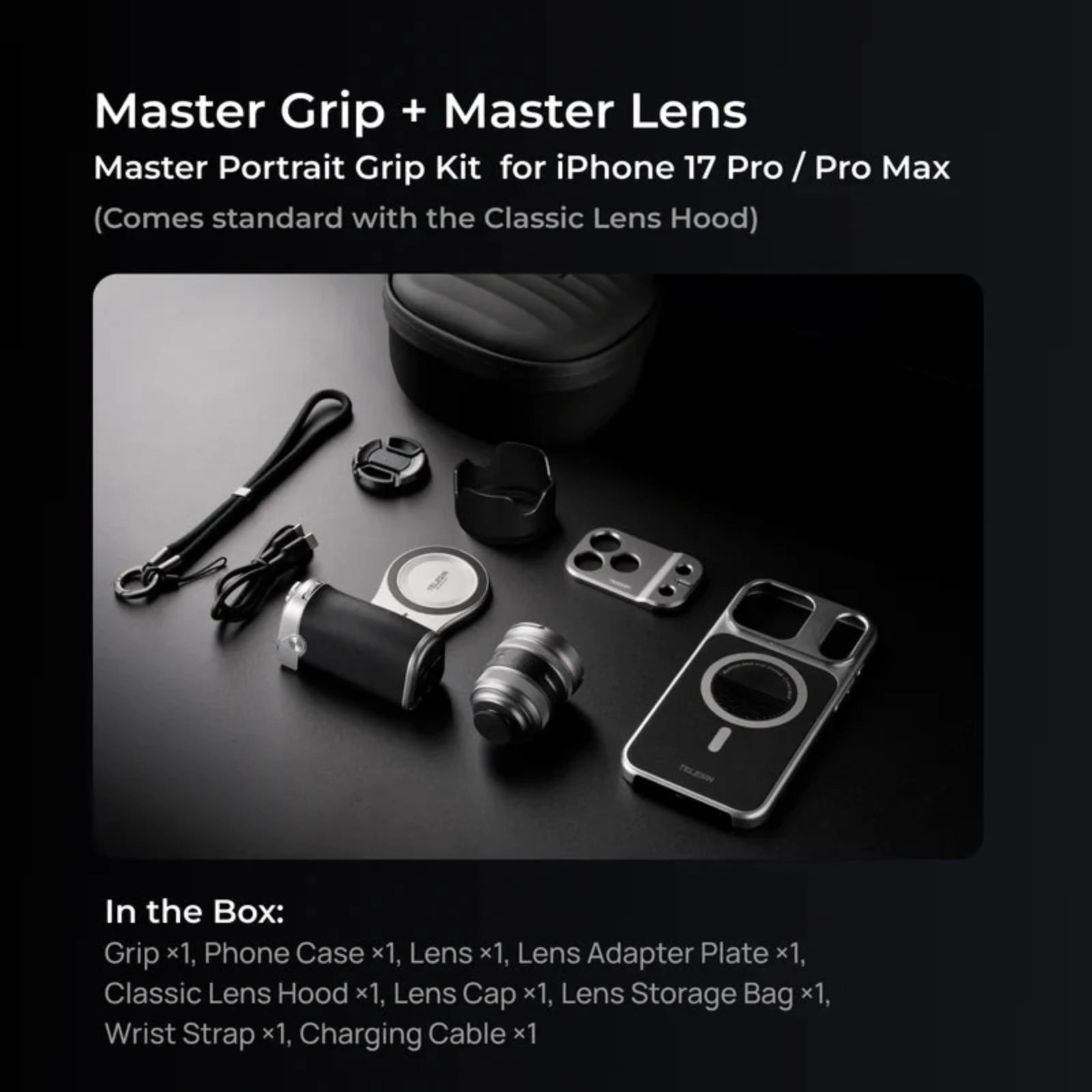 The full nine-piece grip kit laid out: case, lens, grip, strap, plate, cap, bag and cable