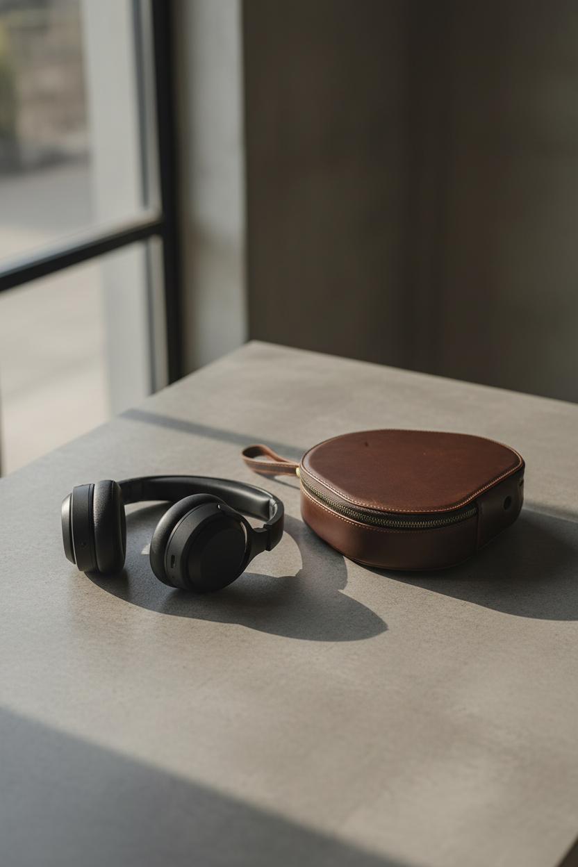 Black over-ear headphones next to a brown leather carrying case on a light gray concrete table near a window.