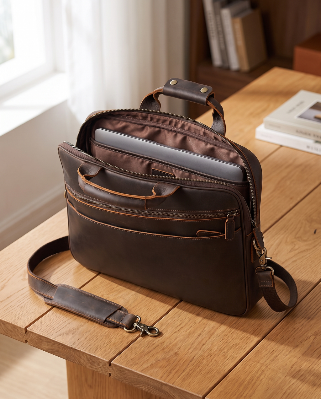 A dark brown leather laptop briefcase with an open top, shown on a wooden table with a laptop inside and its detachable shoulder strap laid beside it.