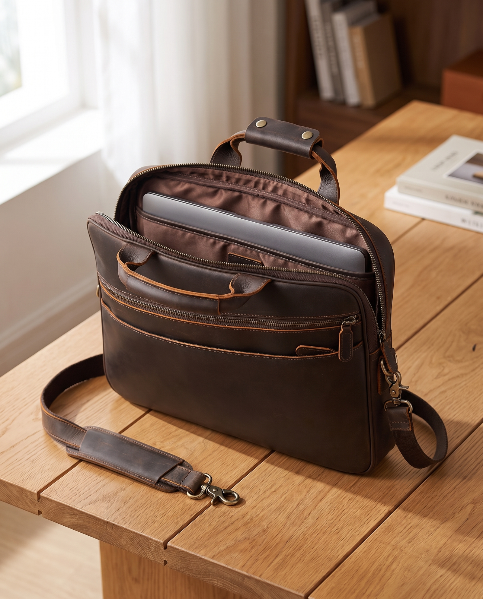 A dark brown leather laptop briefcase with an open top, shown on a wooden table with a laptop inside and its detachable shoulder strap laid beside it.