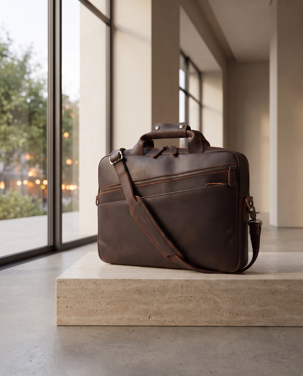 A dark brown leather briefcase with a top handle and adjustable shoulder strap, resting on a light beige stone pedestal in a modern office lobby with large windows.