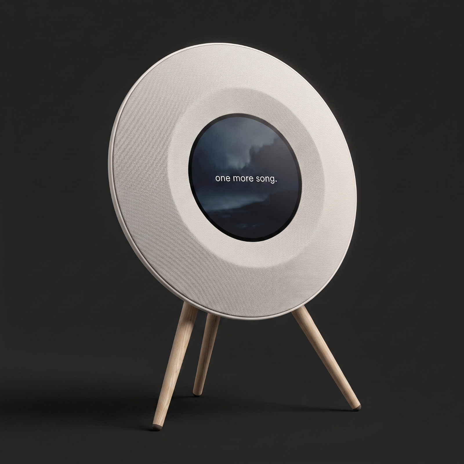 Floating Lyrics Grand in warm off-white on solid white oak legs, seen against a dark studio background