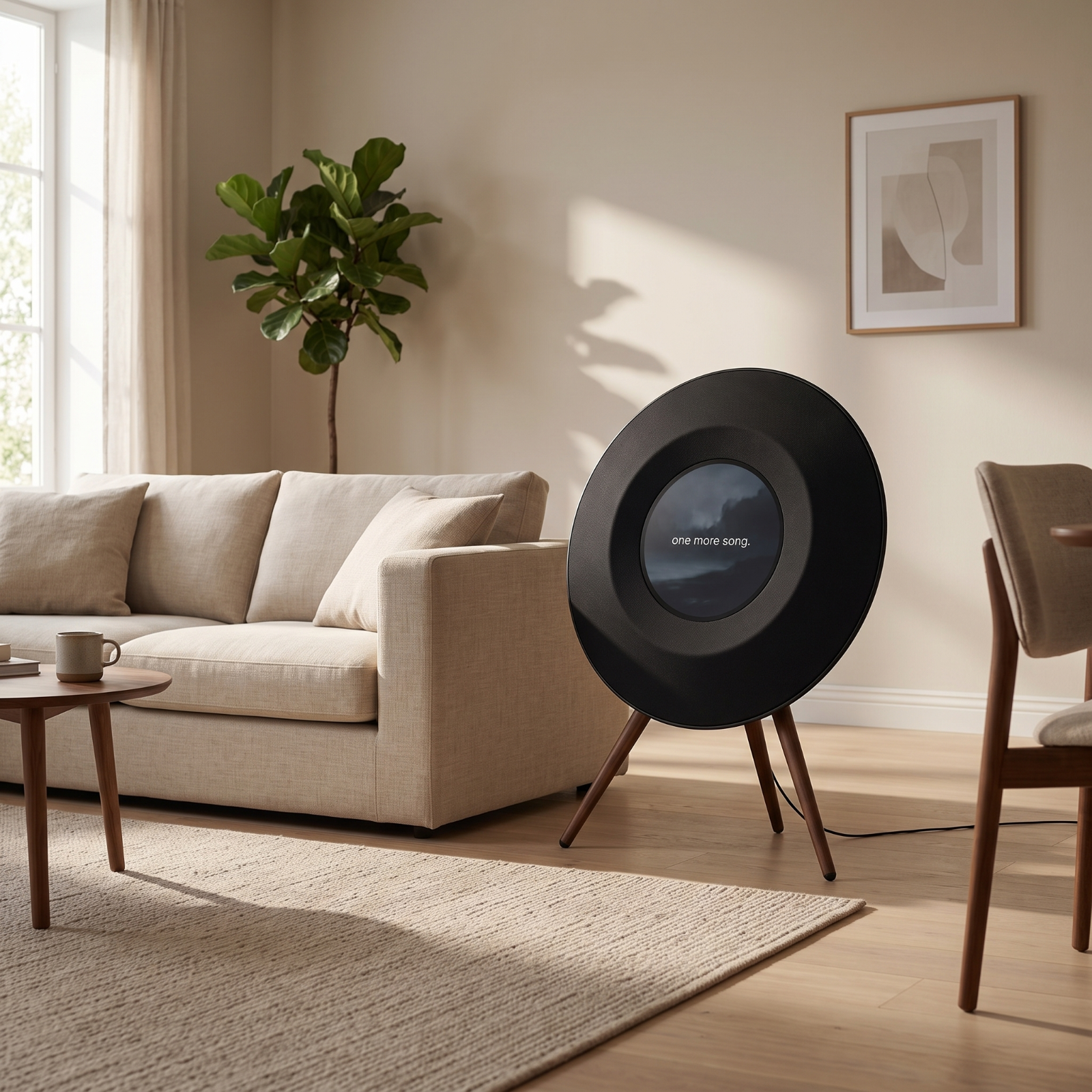 The black Floating Lyrics Grand standing on the floor beside a low sofa in a sunlit morning living room