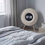 The off-white Floating Lyrics Grand in a quiet bedroom, its display showing the standby clock at 07:20