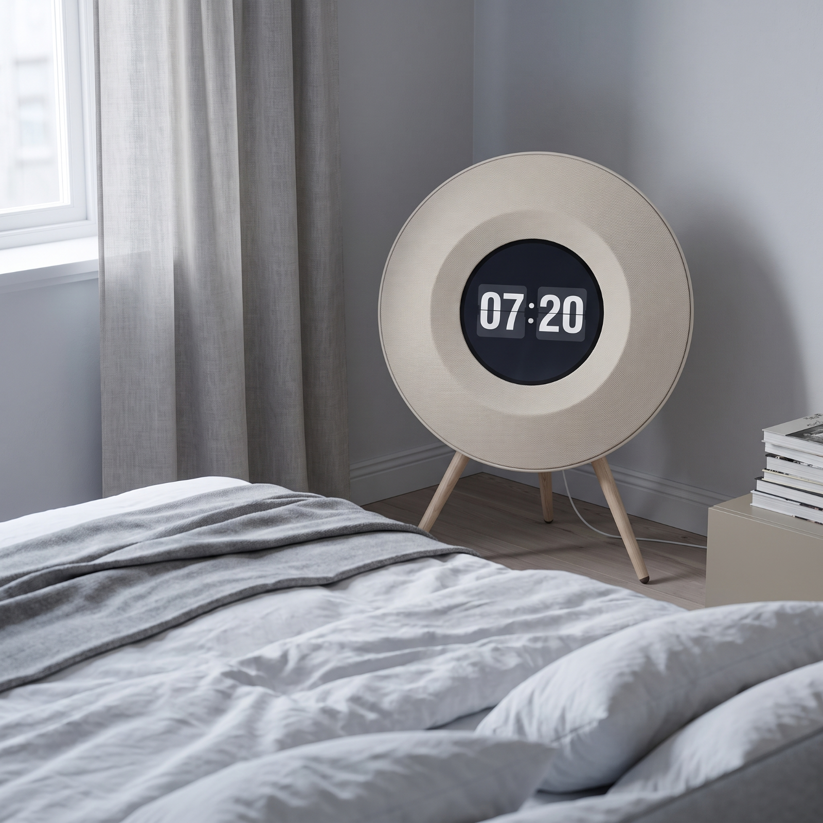 The off-white Floating Lyrics Grand in a quiet bedroom, its display showing the standby clock at 07:20