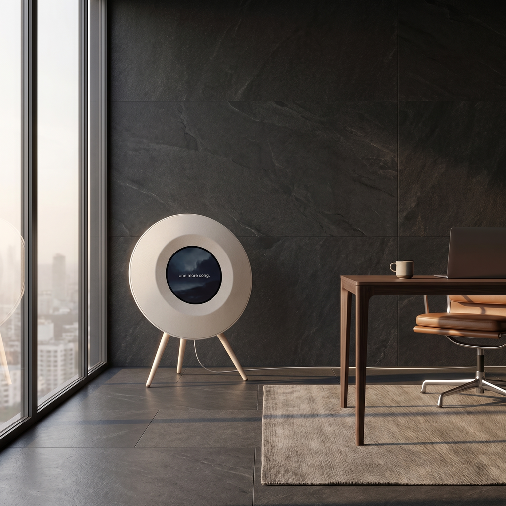 The off-white Floating Lyrics Grand in a corner office, seen from the side so the shallow tapered cabinet reads