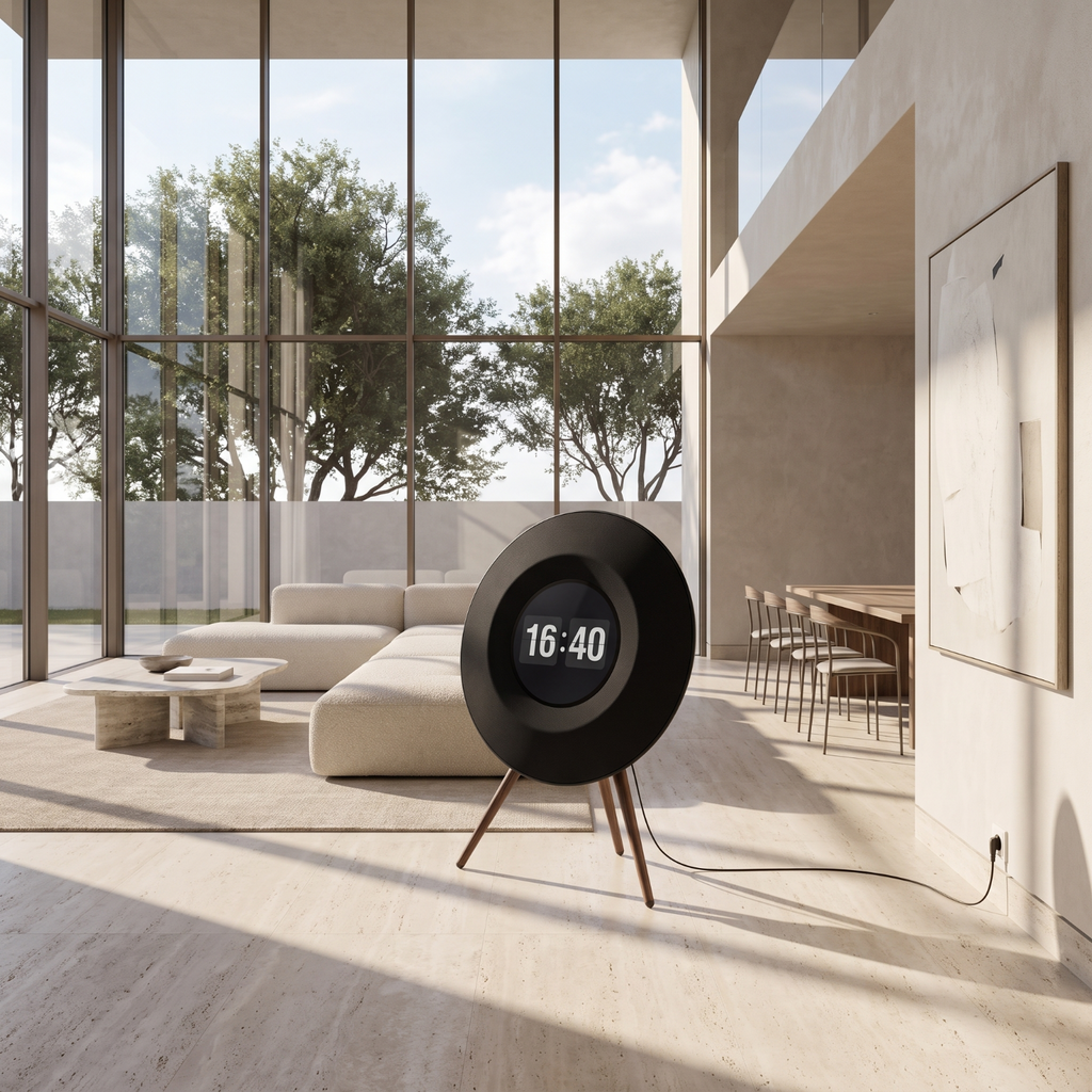 The black Floating Lyrics Grand standing at waist height in a double-height open plan living space