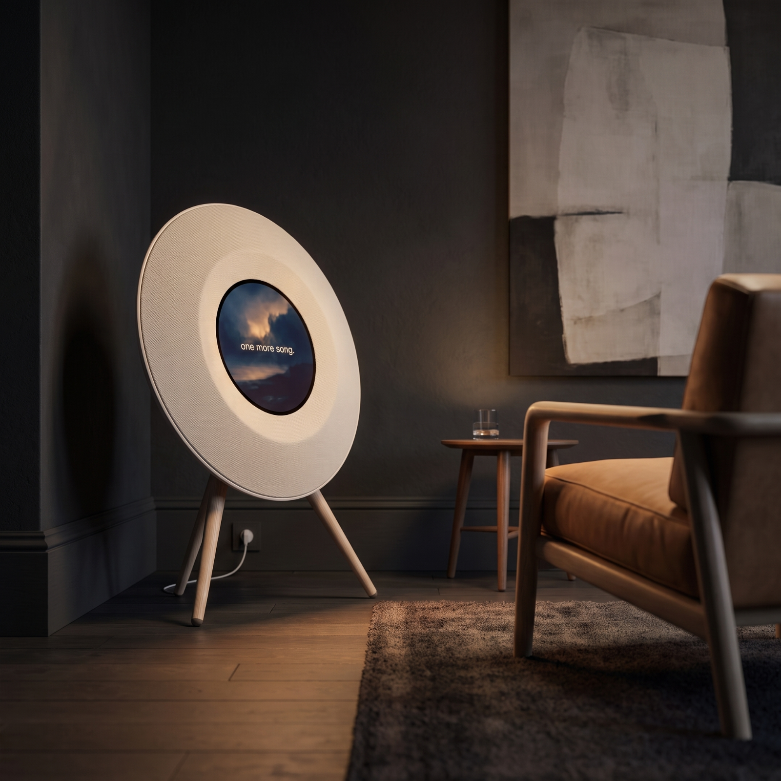 The off-white Floating Lyrics Grand angled into a dark listening corner beside a single leather armchair