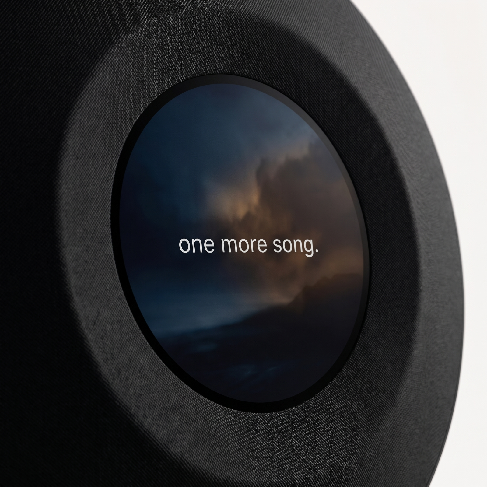 Close view of the 29 cm circular display, where the woven speaker cloth meets the glass