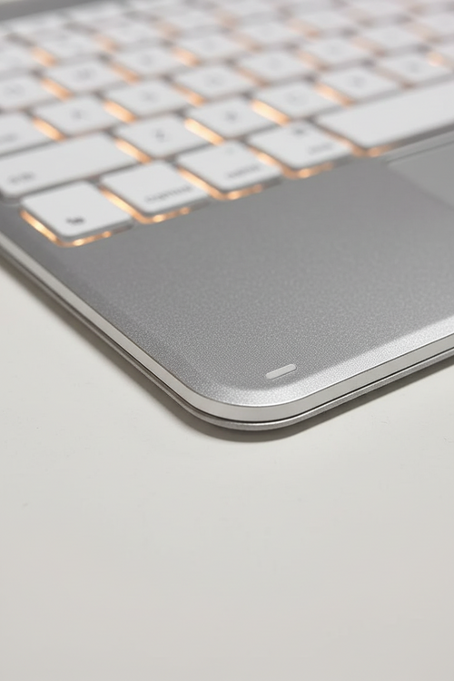 Close view of the aluminium palm rest and the warm backlighting behind the keys
