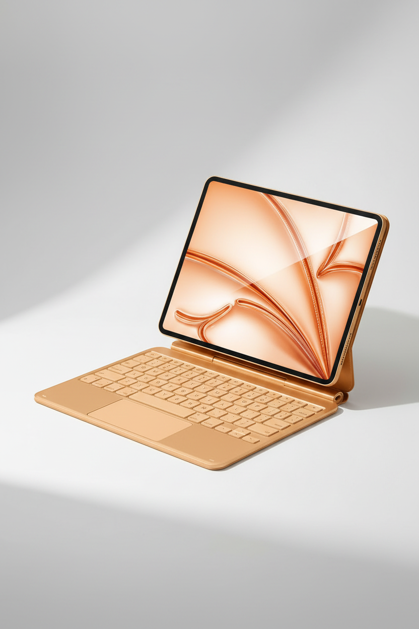The keyboard case in gold with an iPad attached and the kickstand open