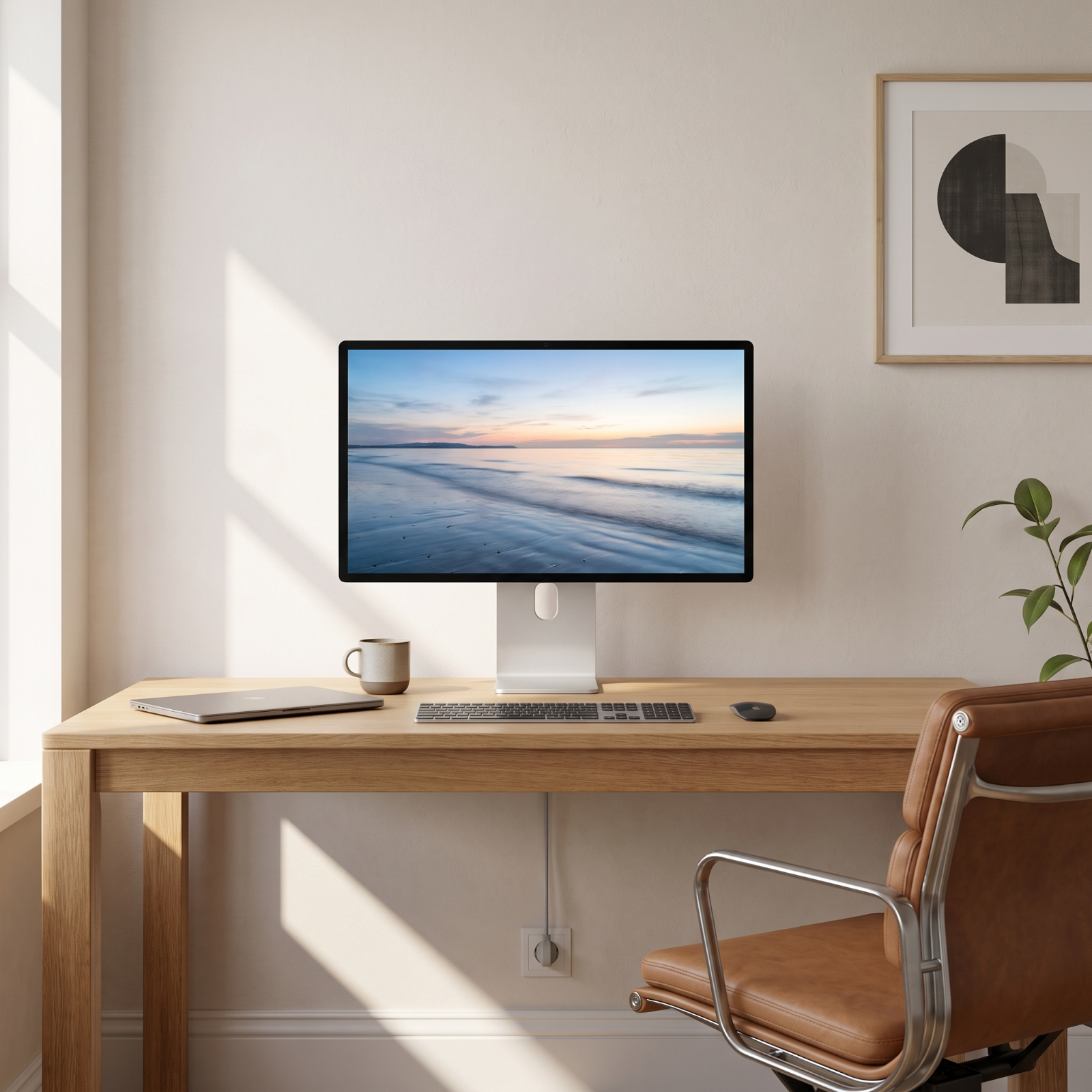 The Kuycon P27Z on an oak desk in a sunlit home office with a laptop and keyboard