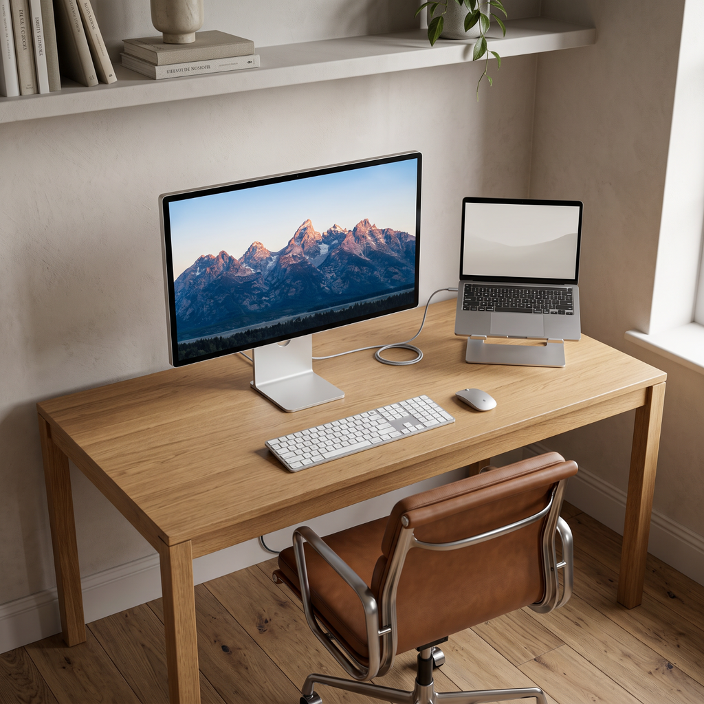 The Kuycon P27Z connected to a laptop by a single cable on a work room desk