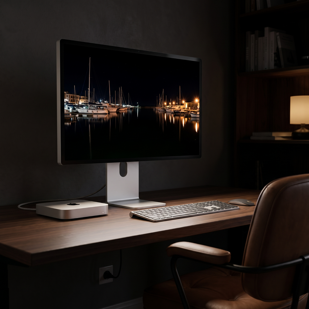 The Kuycon P27Z lighting a dark study, its display the brightest thing in the room