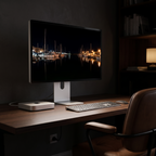 The Kuycon P27Z lighting a dark study, its display the brightest thing in the room