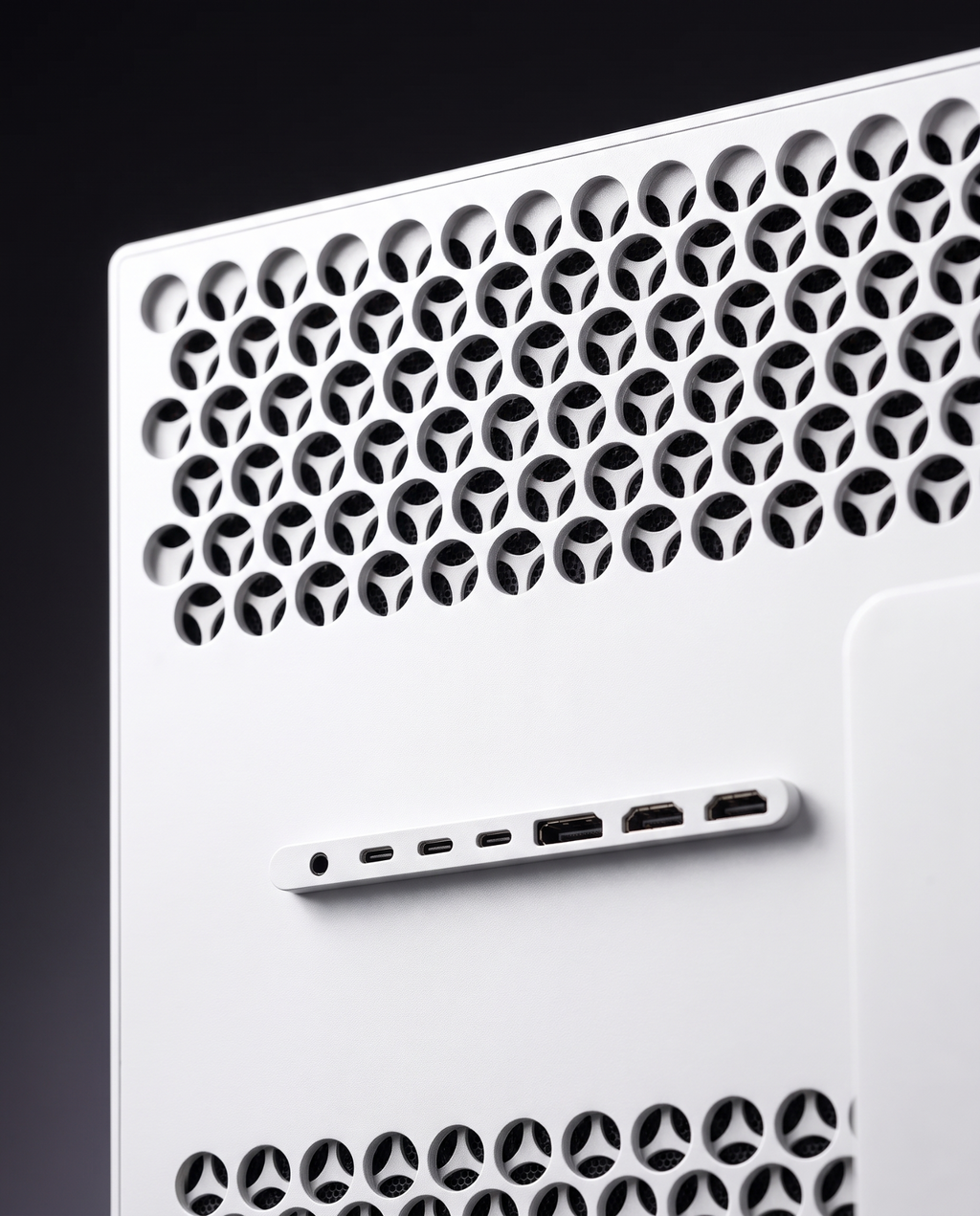 Rear port strip on the Kuycon P27Z showing USB-C, DisplayPort and dual HDMI