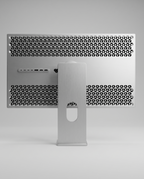 Rear of the Kuycon P27Z showing the perforated aluminium panel and the stand