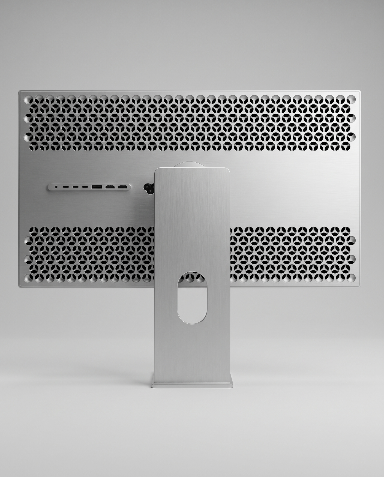Rear of the Kuycon P27Z showing the perforated aluminium panel and the stand