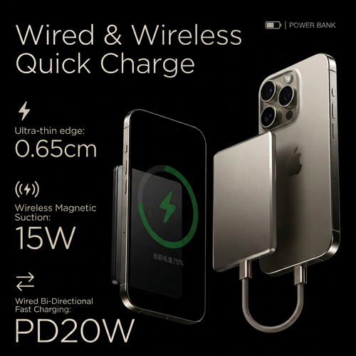 Batterie externe magnétique sans fil 5000 mAh — Charge rapide 20 W, ultra-mince