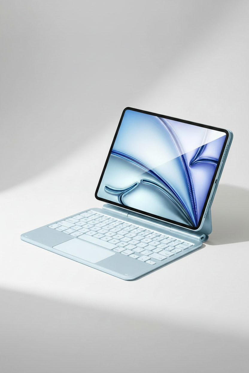 The keyboard case in light blue with an iPad attached