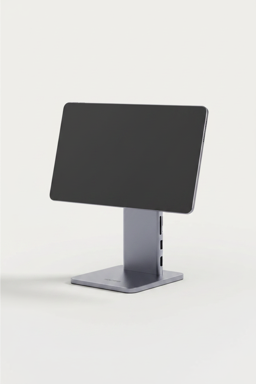The magnetic aluminium iPad stand holding a tablet, seen from the front