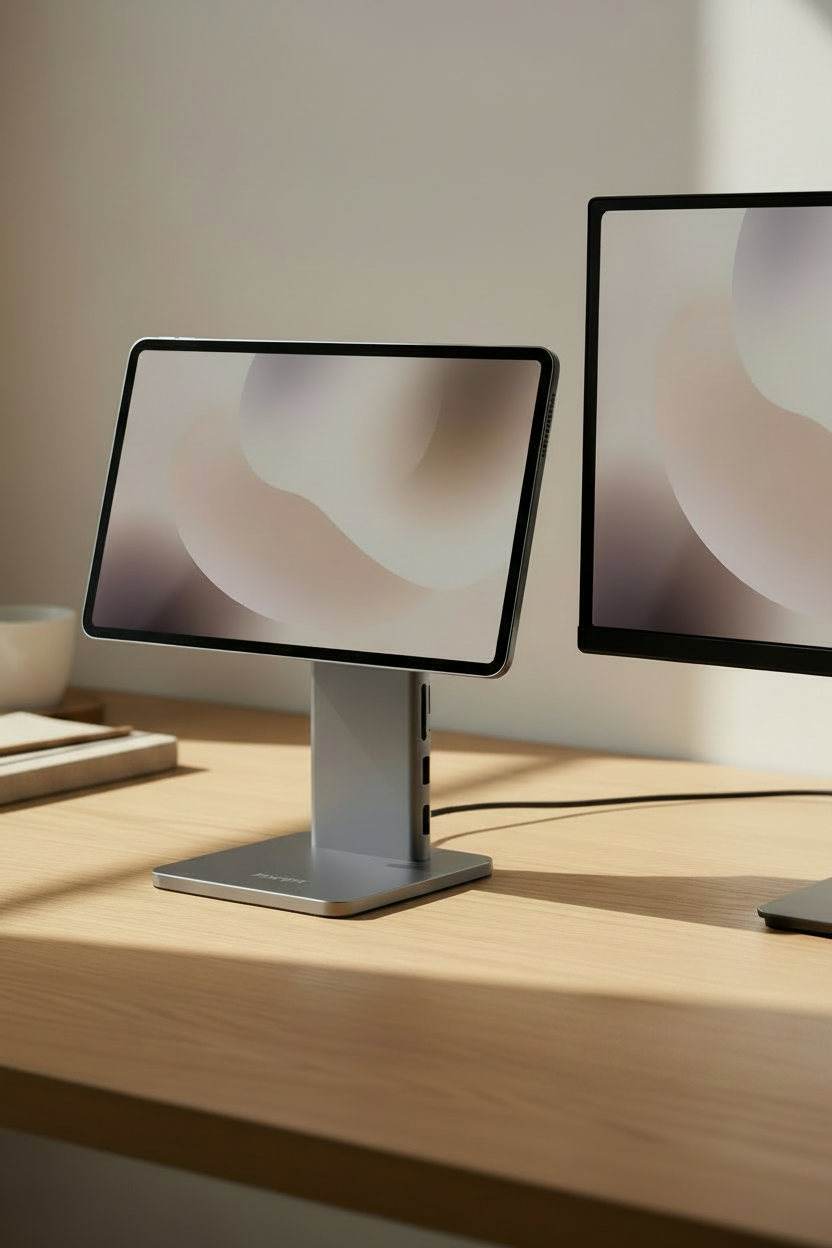Magnetic Aluminum iPad Stand — 360° Adjustable, Optional USB-C Hub